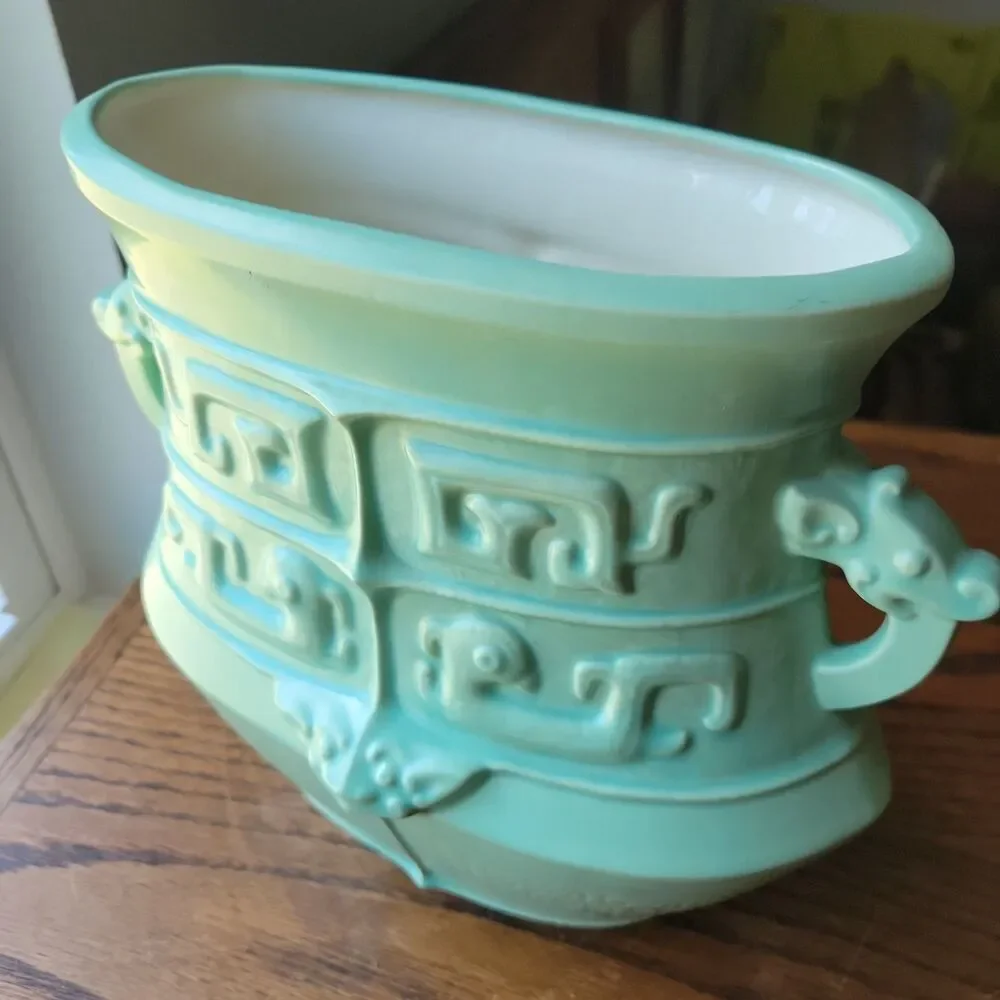 Vtg Studio Art Pottery Urn Vase Dragon Handled Mayan Motif Signed Meryl RARE MCM